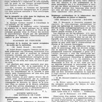 0559 - Page 542 - Partie scientifique. Les sociétés savantes. Académie de médecine. La pénicilline est sans action dans la rage, (12-2-1946) / Sur la nécessité de créer dans les hôpitaux des services de neuro-chirurgie, (26-2-1946) / Académie de chirurgie. Traitement de la douleur du cancer secondaire du rachis par la castration, (23-1-1946) / Société médicale des hôpitaux de Paris. Manifestations cutanées au cours des ictères graves, (22-2-1946) / Silicose grave après un temps d’exposition très court chez un malade atteint de rétrécissement mitral, (22-2-1946) / Dépistage systématique de la tuberculose chez les prisonniers de guerre et déportés, (22-2-1946) / Péritonite, Pleurésie, d’origine rhumatismale, (1-3- 1946)