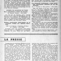 0560 - Page 543 - Partie scientifique. Les sociétés savantes. Société médicale des hôpitaux de Paris. Anémie grave aiguë fébrile avec granulopénie. Amélioration passagère par la pénicilline — Terminaison par lymphoblastose aiguë, (1-3-1946) / Société de médecine de Paris. Sur la consolidation accélérée dés fracturés, (23-11-1945) / Quelques considérations médico-légales sur un avortement criminel avec syndrome hépatorénal, (23-11-1945) / Une endocardite rhumatismale à forme asystolique heureusement influencée par les sels mercuriels, (23-11-1945) / La presse. Considérations sur une forme délirante de la maladie de Basedow [(« Le Progrès Médical », 24 avril 1946)] / Deux cas d’intoxication mortelle par inhalation d’acide cyanhydrique après désinfection de locaux [(« Ann. de Médecine légale », janvier-février 1946)]