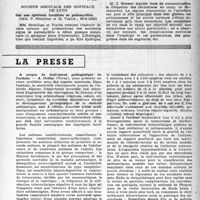 0592 - Page 575 - Partie scientifique. Les sociétés savantes. Société médicale des hôpitaux de Paris. Endocardite lente, à streptoccoccus viridans, greffée sur une maladie de Roger, apparemment guérie par des doses massives de pénicilline, (8-3-1946) / Société médicale des hôpitaux de Lyon. Sur une épidémie familiale de poliomyélite, (26-6-1945) / Société française de dermatologie et de syphiligraphie, (Réunion de la Filiale Lyonnaise : 28-6-1945). Les affections dermatologiques au camp de concentration de Buchenwald / La presse. A propos du traitement pathogénique de l’asthme [(« Le Poumon », décembre 1945)]