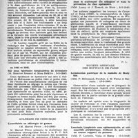 0655 - Page 638 - Partie scientifique. Les sociétés savantes. Académie de médecine. Les traitements au long cours par l’ouabaïne intra-veineuse, (5-3-1946) / Sur deux épidémies hospitalières de dysenterie, (5-3-1946) / Académie de chirurgie. L’anesthésie en chirurgie de guerre, (6-2-1946) / L’infiltration anesthésique du sinus carotidien dans le traitement des collapsus et dans la prévention du choc opératoire, (6-2-1946) / Société médicale des hôpitaux de Paris. Localisation gastrique de la maladie de Hodgkin, (15-3-1946) / Leucémie lymphoïde sans splénomégalie, ni adénopathie périphérique, évoluant de pair avec un cancer suppuré du poumon, (15-3-1946)