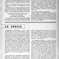 0656 - Page 639 - Partie scientifique. Les sociétés savantes. Société médicale des hôpitaux de Paris. Prophylaxie antialcoolique, 15-3-1946 / Société de médecine de Paris, (Séance du 22-12-1945). Les instables psycho-moteurs / Torsion utéro-vaginale d’un fibrome / La presse. L’hypotension orthostatique [(« La Presse Médicale », 27 avril 1946)] / Sur la fréquence du rhumatisme articulaire aigu tuberculeux [(« La Presse Médicale », 20 avril 1946)] / Le syndrome de Banti [(« Paris-Médical », 27 avril 1946)]