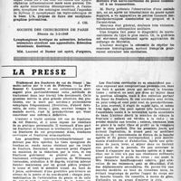 0876 - Page 861 - Partie scientifique. Les sociétés savantes. Société médicale des hôpitaux de Paris. Sur les pancréatites chroniques avec ictère. Néoplasme pancréatique simulant une pancréatite avec ictère. Anastomose bilio-digestive et survie prolongée, (3-5-1946) / Accidents tardifs de la méningite aiguë & pyogènes, (3-5-1946) / Société des chirurgiens de Paris. Séance du 1-2-1946. Lymphangiome kystique du mésentère. Infection secondaire simulant une appendicite. Résection intestinale. Guérison / Histoire d’un noevo-carcinome du pouce consécutif à un traumatisme / La presse. Traitement des fractures du col du fémur : immobilisation par le cou de Petersen [(« J. des Sc. Médicales de Lille », 31 mars 1946)]