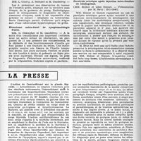 0908 - Page 893 - Partie scientifique. Les sociétés savantes. Société médicale des hôpitaux de Paris. Traitement du diabète insipide par implantation de lobe-post d’hypophyse, (17-5-1946) / Société médicale et anatomo-clinique de Lille. Séance du 13-11-1945. Volumineuse tumeur de l’intestin grêle de nature tuberculeuse / Hématome extra-dural de symptomatologie fruste / Société médicale des hôpitaux de Lyon. Paralysie sciatique après injection intra-fessière de soludagenan, (15-1-1946) / La presse. L’action de l’aminothiazol sur la glande thyroïde [(" Arch. des Mal. Professionnelles et de Médecine du Travail », N° 1, 1946)] / Les malformations vasculaire angiomateuses de la moelle [(« La Semaine des Hôpitaux de Paris », 14 mai 1946)]