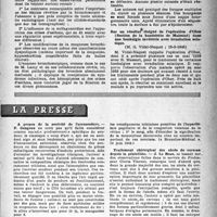 1038 - Page 1023 - Partie scientifique. Les sociétés savantes. Société médicale des hôpitaux de Paris. Bronchite segmentaire du lobe moyen chez un enfant de 8 ans, (24-5-1946) / Un cas d’asthme fébrile et hémoptoïque lié à un catarrhe bronchique étendu, (31-5-1946) / Société des chirurgiens de Paris. Scalp avec mise à nu très étendue des os du crâne, (15-3-1946) / Sur un résultat éloigné de l’opération d’Ober (Section de la bandelette de Maissiat) dans une lombalgie invétérée avec irradiation sciatique, (15-3-1946) / La presse. A propos de la nocivité de l’arcosoudure [(« Bruxelles-Médical », 16 juin 1946)] / Traitement chirurgical des abcès du cerveau depuis la pénicilline [(« La Presse Médicale », 22 juin 1946)]