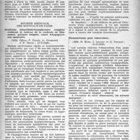 1067 - Page 1052 - Partie scientifique. Les sociétés savantes. Académie de médecine. Un centre moderne d’hygiène infantile et d’éducation familiale. Vingt années d’expérience, (9-7-1946) / Société médicale des hôpitaux de Paris. Syndrome infundibulo-hypophysaire complexe réalisant le tableau de la cachexie de Simmonds, polyurie insipide, crises d’hypoglycémie spontanée, (31-5-1946) / Cachexie de Simmonds, crises d’hypoglycémie, essai de l’alloxane, (31-5-1946) / Pneumectomie pour tuberculose, (31-5-1946)