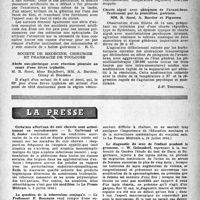 1214 - Page 1199 - Partie scientifique. Les sociétés savantes. Societe d’electro-radiologie médicale de France, (9-4-1946). Incidents du développement radiographique pouvant entraîner des erreurs de diagnostic en radiologie pulmonaire / Société de médecine, chirurgie et pharmacie de Toulouse. Abcès sus-phrénique avec réaction pleurale au cours d’une fièvre typhoïde / Chorée aiguë avec phlegmon de l’avant-bras. Traitement par la pénicilline, guérison / La presse. Certaines affections du cuir chevelu sont actuellement en recrudescence [(« La Presse Médicale », 6 juillet 1946)] / La question de la tuberculose conjugale [(« La Presse Médicale », 13 juillet 1946)] / Le diagnostic du sexe de l’enfant pendant la grossesse [(« Rev. Française Gynécologique », février 1946)]