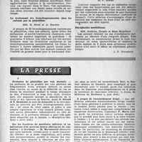 1294 - Page 1279 - Partie scientifique. Les sociétés savantes. Société de médecine, chirurgie et pharmacie de Toulouse. Les perforations pulmonaires à symptomatologie abdominale / Un cas de fièvre boutonneuse dans le Tarn / Le traitement des bronchopneumonies chez les enfants par la pénicilline / Le traitement de la céphalée occipitale des hypertendus par les injections de gaz thermaux de Royat / Encéphalite morbilleuse / La presse. Perfusion de pénicilline par voie sternale [(« Montpellier-Médical », avril 1946)] / Sur les fractures du maxillaire inférieur et les indications d’un nouveau moyen chirurgical de contention : le brochage [(« Journ. de Médecine de Bordeaux », juin 1946)] / A propos de l’accouchement dirigé [(«Journ. des Praticiens », 20 juin 1946)]