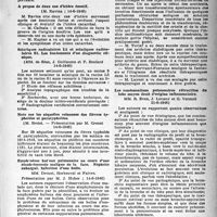 1332 - Page 1317 - Partie scientifique. Les sociétés savantes. Société médicale des hôpitaux de Paris. Pneumonectomie pour tuberculose multicavitaire étendue, (14-6-1946) / A propos de deux cas d’ictère émotif, (14-6-1946) / Sciatiques radiculaires L5 et sciatiques radiculaires SI. Les fondements d’un diagnostic clinique, (14-6-1946) / Note sur les séquelles veineuses des fièvres typhoïdes et paratyphoïdes, (14-6-1946) / Emphysème bulleux pulmonaire au cours d’une staphylococcie maligne de la face. Néphrite subaiguë. Infection d’une bulle, (14-6-1946) / Séquelles d’artérite oblitérante d’origine typhoexanthématique. Amélioration spectaculaire sous l’influence de perfusions I. V. de NaCl en solution hypertonique, (14-6-1946) / Les condensations pulmonaires rétractiles du lobe moyen droit d’origine inflammatoire, (21-6-1946) / Paraplégie au cours d’une staphylococcémie aiguë, (21-6-1946)
