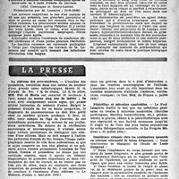 1333 - Page 1318 - Partie scientifique. Les sociétés savantes. Société médicale des hôpitaux de Paris. Paraplégie au cours d’une staphylococcémie aiguë, (21-6-1946) / Pleurésie à bacillus ramosus compliquée après un intervalle de 8 mois d’abcès du cerveau, (21-6-1946) / Société française de gynécologie, Séance du 29-4-1946. A propos de l’emploi de la dicoumarine comme préventif de certains accidents postopératoires / La presse. La sidérose des arco-soudeurs [(« Le Médecin d’usine », mai-juin 1946)] / Sur les acquisitions météopathologiques du temps de guerre [(« Gaz. Méd. de France », juillet 1946)] / Pénicilline et microbes anaérobies [(« Le Progrès Médical », 24 juillet 1946)] / Impédance cutanée chez les eczémateux mesurée en courant alternatif de basse fréquence [(« La Semaine des Hôpitaux », 7 août 1946)]