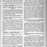 1460 - Page 1445 - Partie scientifique. Les sociétés savantes. Société médicale des hôpitaux de Paris. Quelques effets et conséquences du traitement des épithéliomas prostatiques par le diéthylstilboestrol, (5-7-1946) / Traitement du Kala-Azar par un nouveau composé stibié : le 2186 R P, (5-7-1946) / Nouveaux cas d’intoxication grave par le tétrachlorure de carbone, (12-7-1946) / Bronchectasie et ethmoïdo-antrite. Deux cas nouveaux de syndrome de Kartagener, (12-7-1946) / Société française de dermatologie et de syphiligraphie. Filiale Lyonnaise. La dermite du caoutchouc synthétique / Sur le traitement des ulcères de jambes anciens par la novocaïne en injections sous-jacentes / Maladie de Duhring-Brocq révélée par un traitement iodé