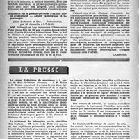 1509 - Page 1494 - Partie scientifique. Les sociétés savantes. Société médicale des hôpitaux de Paris. Kiné-densographie, (5-7-1946) / Diagnostic par le pneumo-péritoine d’un foie ficelé syphilitique. — Aspect radiologique et laparoscopie, (5-7-1946) / Sur un cas de thrombo-phlébite cérébrale post puerpérale, (18-10-1946) / La presse. Le coryza diphtérique du nourrisson ; à propos de deux épidémies récentes [(Le Journal de Médecine de Lyon », 5 octobre 1946-)] / Le traitement des méningites par la pénicilline chez l’enfant [(« Bruxelles-Médical », 6 octobre 1946.)] / Le traitement hormonal du cancer du sein [(« Journ. des Sc. Méd. de Lille », 21 juillet 1946)]