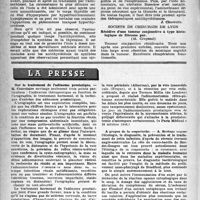 1605 - Page 1590 - Partie scientifique. Les sociétés savantes. Société médicale des hôpitaux de Paris. Séance du 25 octobre 1946 (Suite). Note sur l’Association iode-aminothiazol dans la cure des syndromes basédowiens / Société de chirurgie de Lyon. Récidive d’une tumeur conjonctive à type histologique de fibrome pur / La presse. Sur le traitement de l’adénome prostatique [(« Paris Médical » 26 octobre 1946)] / A propos de la coqueluche [(« Le Journal de Médecine de Lyon », 5 septembre 1946)]