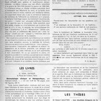 0037 - Page 12 - Partie scientifique. Le traitement des néphrites aiguës par la méthode de Volhard / Consultations médicaux-chirurgicales. Asthme. Mal angineux / Les livres. Dermatologie clinique et thérapeutique, par Clément Simon, G. Doin, éditeur, Paris / Les thèses. Les résultats éloignés de la thérapeutique chirurgicale dans les artérites oblitérantes des membres, par Dr Robert Gautier (Thèse de Lyon, 1946)