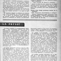 0042 - Page 17 - Partie scientifique. Les sociétés savantes. Société médicale des hôpitaux de Paris. Résultats du traitement de 55 cas d’endocardite infectieuse lente par la pénicilline, (8 novembre 1946) / Société de chirurgie de Lyon. Gangrène spontanée du sein, gangrène pulmonaire secondaire. / Torsion d’une frange graisseuse insérée sur le mésentère. / La presse. Avortement habituel et iso-immunisation matérielle [(« Bruxelles-Médical », 27 octobre 1946)] / Les points douloureux cervicaux dans les affections hépato-biliaires [(« Paris-Médical », 16 novembre 1946)] / La « touche » à la novocaïne [(« La Presse Médicale », 9 novembre 1946)] / Les troubles morbides déterminés par la Vitamine D2, à trop fortes doses chez l’enfant [« La Presse Médicale », 16 novembre 1946)]