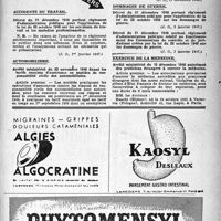 0112 - Page 87 - A travers l'officiel. Accidents du travail / Automobilisme / Dommages de guerre / Exercice de la médecine