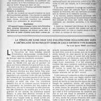 0120 - Page 95 - Partie scientifique. La pénicilline en dermato-vénéréologie. pénicillinethérapie en syphiligraphie, par J. L. Chapuis, C. Koupernick, L. Ch. Scherrer. Syphilis héréditaire / La pénicilline dans deux cas d’ulcérations douloureuses dues à une maladie de Raynaud et dans un cas d’artérite type Buerger, par le Dr Daniel Ferey