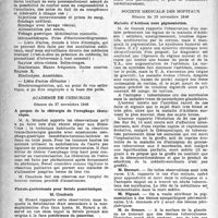 0225 - Page 200 - Partie Scientifique. Les Sociétés Savantes. Académie de médecine. Séance du 14 janvier 1947. Rapport au nom de la Commission des actes professionnels / Académie de chirurgie. Séance du 27 novembre 1946. A propos de la chirurgie de l'œsophage thoracique / Fistulo-gastrotomie pour fistule pancréatique / Note sur un cas d’allongement d’un cubitus agénésique par l’extrémité supérieure du radius congénère apparemment exubérant / Société médicale des hôpitaux. Séance du 15 novembre 1946. Maladie d’Addison sans pigmentation
