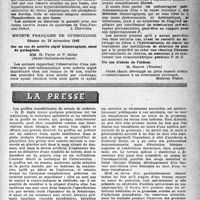 0410 - Page 385 - Partie scientifique. Les sociétés savantes. Société médicale des hôpitaux de Paris. A propos d’un cas de fracture spontanée avec arrêt de la croissance, (22-11-46) / Société Française de gynécologie, Séance du 18 novembre 1946. Sur un cas de métrite aiguë hémorragique, essai de pathogénie / Un cas d’abcès de l’utérus / La presse. Les greffes transfixiantes de cornée de cadavre [(« Sud Médical et Chirurgical », 31 octobre 1946)] / Les accidents de la transfusion sanguine en obstétrique [(« Lyon Médical », 19 mai 1945)]