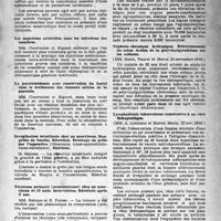 0448 - Page 423 - Partie scientifique. Les sociétés savantes. Académie de chirurgie, Séance du 15 janvier 1947. Spasme iléal et oxyurose / Les injections artérielles dans les infections des membres / La parotidectomie avec conservation du facial dans le traitement des tumeurs mixtes de la parotide / Invagination intestinale chez un nourrisson. Gangrène du boudin. Résection. Drainage du grêle par l’appendice / Tératome présacré (neurenterome) chez un nourrisson de 16 mois. Intervention. Résultats après 3 ans / Société médicale des hôpitaux de Paris. Agranulooytose après sulfaméthyldiazine, (22 novembre 1946) / Néphrite chronique hydropique. Rétrécissement du colon. Action de la polyvinylpyrolidone sur les œdèmes, (22 novembre 1946) / Lymphadémie tuberculeuse consécutive à un choc thérapeutique, (22 nov. 1946)
