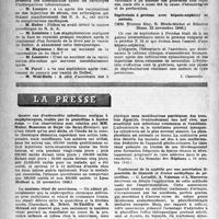 0449 - Page 424 - Partie scientifique. Les sociétés savantes. Société médicale des hôpitaux de Paris. Lymphadémie tuberculeuse consécutive à un choc thérapeutique, (22 nov. 1946) / Septicémie à protons avec hépato-néphrité et anémie, (22 novembre 1946) / La presse. Quatre cas d’endocardite infectieuse maligne à staphylocoques, traités par la pénicilline à hautes doses [(« Lyon Médical », 10 novembre 1946)] / Le nanisme rénal du nourrisson [(« La Semaine des Hôpitaux », 28 octobre 1946)] / Traitement de la syphilis par une association liposoluble de bismuth et d’ester méthylique de pénicilline [(« La Presse Médicale », 23 novembre 1946)]