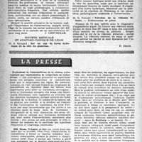 0497 - Page 472 - Partie scientifique. Les Sociétés Savantes. Société médicale des hôpitaux de Paris. Gliobastome astrocytaire temporo-fronto-pariétal, (29 novembre 1946) / Société médicale et anatomie-clinique de Lille. Sur un cas de kyste hydatique de la tête du pancréas / Volvulus de la vésicule biliaire / La presse. Traitement de l’endométriose de la cloison recto-vaginale par implantation de comprimés de testostérone [(Revue de la Soc. Fr. de Gynécologie, octobre 1946)] / Syphilis et traumatisme du travail [(Le Bulletin Médical, 21 janvier 1947)]