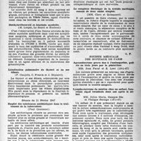 0620 - Page 595 - Partie scientifique. Les sociétés savantes. Académie de médecine. Séance du 5 février 1947. Septicémie grave au cours de la grossesse due à un vibrion. Avortement consécutif / Diethylstilboestrol et leucémie myeloïde / Localisation pulmonaire du thymol et de ses éthers / Séance du 11 février 1947. Emploi des substances antibiotiques dans le traitement de la tuberculose / Le complexe électrique de la systole cardiaque, somme de deux ondes simples / Société médicale des hôpitaux de Paris. Agranulocytose grave due à l’aminopyrine, guérie en trois jours par la pénicilline, (10-1-47) / Lympho-sarcome du menton chez un enfant. Leucémie aiguë terminale deux ans après le début, (10-1-47)