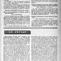 0624 - Page 599 - Partie scientifique. Les sociétés savantes. Société médicale des hôpitaux de Paris. Syndrome de Sjogren arthro-oculo-salivaire, (16-1-47) / Société des chirurgiens de Paris. Sur un cas de syndrome de fragilité osseuse à type articulaire / Phlébite compliquée d’embolies répétées. Thrombectomie et phlébectomie. Guérison immédiate / Hernie du colon droit à travers l’hiatus de Winslow / La presse. Hépatonéphrite mortelle après ingestion d’un antihistaminique de synthèse [(Paris Médical, 11 janvier 1947)] / Pénicilline et Scarlatine [(La Semaine des Hôpitaux, 14 janvier 1947)]