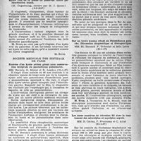 0704 - Page 679 - Partie scientifique. Les sociétés savantes. Académie de chirurgie, Séance du 5 mars 1947. Un cas de paraffinome de la verge, (5-3-1947) / Kyste vrai de la queue du pancréas traité par énucléation totale, (5-3-1947) / Société médicale des hôpitaux de Paris. Exérèse d’un kyste aérien géant avec conservation intégrale du parenchyme pulmonaire, (24-1-47) / Le début douloureux de la tuberculose pulmonaire, (24-1-47) / Sur un kyste gazeux géant de l’hémithorax gauche. Discussion diagnostique et thérapeutique, (31-1-47) / Les doses massives de vitamine B1 dans le traitement des névralgies et myalgies aiguës, (31-1-47)