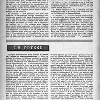 1061 - Page 1032 - Partie scientifique. Les sociétés savantes. Société médicale des hôpitaux de Paris. Les résultats de l’emploi de l’aminothiazol dans, (28-2-47) / La presse. A propos du traitement de la maladie d’Addison par l’acétate de désoxycorticostérone [(La Presse Médicale, 26 avril 1947)] / La campagne anti-moustique de 1946 à Lyon par les insecticides de synthèse [(Journ. de Médecine de Lyon, 20 avril 1947)]