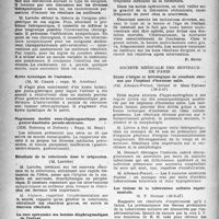 1099 - Page 1070 - Partie scientifique. Les sociétés savantes. Académie de chirurgie, séance du 23 avril 1947. A propos du procès-verbal / Kyste hydatique de l’estomac / Vagotomie double sous-diaphragmatique pour gastro duodénite pseudo-ulcéreuse / Résultats de la colectomie dans le mégacolon / La cure opératoire des hernies diaphragmatiques de l’enfant / Société médicale des hôpitaux de Paris. Etude clinique et histologique de résultats obtenus par l’implant d’hormone mâle, (28-2-47) / Les lésions de la tuberculose miliaire expérimentale, (28-2-47)