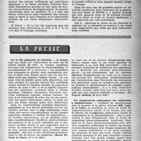 1102 - Page 1073 - Partie scientifique. Les sociétés savantes. Société médicale des hôpitaux de Paris. Les lésions de la tuberculose miliaire expérimentale, (28-2-47) / Sur l’action de la pénicilline dans les formes viscérales tardives de la syphilis, (7 mars 1947) / La presse. Sur le rôle pathogène de l’émotion [(Revue Médicale de Nancy, 15 avril 1947)] / Deux évolutions aiguës, fluxionnaires, massives de tuberculose pulmonaire déclenchées chez deux infirmières par la vaccination triple [(Le Progrès Médical, 24 avril 1947)] / Les complications pulmonaires des septicémies à staphylocoques [(Le Journal de Médecine de Lyon, 20 avril 1947)]