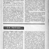 1258 - Page 1159 - Partie scientifique. Les sociétés savantes. Société médicale des hôpitaux de Paris. A propos d’un ictère au cours d’un traitement d’une syphilis secondaire traitée par la pénicilline et le bismuth / Un cas de localisation rectale de leucémie aiguë / Hirsutisme avec obésité et hypertension artérielle. Augmentation du chlore et du sodium dans les globules et le plasma sanguins / La presse. Contribution statistique à l’étude de la syphilis cardio-aortique [(Paris — Médical, 19 avril 1947)] / Les occlusions du nourrisson entre la naissance et l’âge de deux ans [(Journal des Praticiens, 1er mai 1947)]