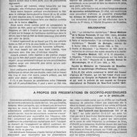 1412 - Page 1313 - Partie scientifique. Une nouvelle réaction pour la recherche de sujets réceptifs à la diphtérie. La voie percutanée pour l’immunisation chez les animaux de laboratoire, par le Dr Léone Maryssael / A propos des présentations en occipitale-postérieures, par le Dr Gresillon