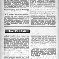 1419 - Page 1320 - Partie scientifique. Les sociétés savantes. Société médicale des hôpitaux de Paris. Note sur l’emploi, pour le diagnostic radiologique des hernies discales, de liquides opaques pouvant être retirés par simple aspiration, (28-3-1947) / Hémorragie méningée récidivante. Abolition des réflexes tendineux à chacune des poussées d’hémorragie, réapparition des réflexes dans l’intervalle, (28-3-1947) / Un cas de Megacolon chez une myoedémateuse. Guérison par l’extrait hyroïdien. La mégaspianchnie digestive endocrinienne, (28-3-1947) / La presse. A propos du diagnostic du cancer de l’estomac: les corps étrangers d’origine végétale [(« Journ. de Médecine et de Chirurgie pratiques », juin 1947)] / La prévention et la thérapeutique de la silicose par l’aluminium et par l’alumine [(« Arch. des mal. professionnelles et de médecine du travail », No 6. 1946)]