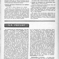 1524 - Page 1425 - Partie Scientifique. Les sociétés savantes. Société médicale. Ostéo-arthrite infectieuse du rachis cervical consécutive à la blessure du pharynx, par un corps étranger accidentellement dégluti / Accidents chroniques d’intolérance à la diphasée-hydantoïne / Société des chirurgiens de Paris. A propos du traitement des ostéomyélites chroniques / La presse. Les radio dermites du radio-diagnostic : leur prophylaxie [(La Presse Médicale, 29 mars 1947)] / Réactions sérologiques de la syphilis partiellement positives et certificat prénuptial [(Paris-Médical, 3 avril 1947)] / Néphropathies et grossesse [(« La Presse Médicale », 17 mai 1947)]