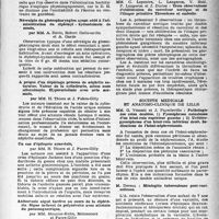 1556 - Page 1457 - Partie scientifique. Les sociétés savantes. Société médicale des hôpitaux de Lyon. Accidents d’intoxication aiguë par le diphasée hydantoïnate de soude / Névralgie du glossopharyngien ayant cédé à l’administration du diphasée-hydantoïnate de soude / A propos d’un dépistage précoce de néphrite saturnine. Valeur de la cylindrurie, même sans albuminurie. Hyperuricémie avec urée normale / Un cas d’épilepsie synoviale / Atélectasie aiguë tardive au cours de la diphtérie. Signe indirect de polynévrite avec atteinte du pneumogastrique / Trois observations d’oblitération du carrefour aortique et de l’iliaque primitive Thrombose et embolie / Société médicale et anatomie-clinique de Lille. Pathologie des reins doubles. 1) Pyonéphrose calculeuse d’un hémi-rein supérieur gauche ; 2) Urétéro-pyonéphrose d’un hémi-rein inférieur droit. Indications de l’hémi-néphrectomie. / Méningite tuberculeuse poste-varicelleuse