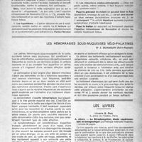 1586 - Page 1487 - Partie scientifique. Du syndrome “toxique” poste-opératoire des enfants, par Jean Cheynel / Les hémorragies sous-muqueuses vélo-palatines, Dr J. Quanquin / Les livres. La Streptomycine, étude expérimentale et thérapeutique par A. Abaza, Librairie G. Doin, Paris