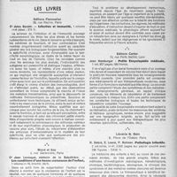 1632 - Page 1533 - Partie Scientifique. Le congrès du centenaire de l’Américan médical association / Les livres. Infection et immunité, par Dr Jules Bordet, Éditions inflammation, Paris / Les conditions d'une bonne croissance de l'enfant, par Dr Jean Levesque, Bloud et Gay, Paris / Petite Encyclopédie médicale, par Jean Hamburger, Éditions Cartier, Lyon / Pathologie Infantile, par R. Debré, E. Lesné, P. Rohmer, Librairie G. Doin, Paris