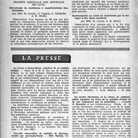 1675 - Page 1576 - Partie Scientifique. Les sociétés savantes. Société médicale des hôpitaux de Paris. Néphrose lipoïdique à frigore. Effets de la méthode de Veyre, (9-5-47) / Société médicale des hôpitaux de Lyon. Diverticule du duodénum à manifestations douloureuses / Deux observations de pneumopéritoine thérapeutique pour tuberculose intestinale / Gynécomastie au cours du traitement par le stérogyl à des doses massives / La presse. La forme à hémoculture négative de la maladie d’Osier [(« La Semaine des Hôpitaux », 21 juin 1947)] / Nouvelle observation de maladie de Buerger, traitée par surrénalectomie [(« Lyon Médical », 22 juin 1947)] / La courbe thermique et la vitesse de sédimentation sanguine au cours de la maladie d’Osler et de son traitement par la pénicilline [(« La Semaine des Hôpitaux », 21 juin 1947)]