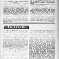 1716 - Page 1617 - Partie Scientifique. Les sociétés savantes. Académie de chirurgie. Séance du 4 juin 1947. Pneumothorax simple persistant par fistule pleuro-pulmonaire. Complications des plaies de poitrine / Société médicale des hôpitaux de Paris. Les mégaœsophages secondaires, (16-5-47) / A propos d’un épigastre disparu à la suite d’un traitement à l’éphédrine, (16-5-47) / Un cas de mégaœsophage consécutif à une infection à virus neurotrope, (16-5-47) / La presse. Le syndrome tardif du tétanos [(Le « Journal de Médecine de Lyon », 5 juillet 1947)] / Dégénérescence sarcomateuse des fibromes irradiés, responsabilité de la roentgenthérapie [(« Le Sud Médical et Chirurgical », 30 juin 1947)]
