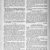 1754 - Page 1655 - Partie Scientifique. Les sociétés savantes. Académie de chirurgie. Séance du 11 juin 1947. L’hémangio-endothéliome tyhoroïdien / Corps étranger de l’œsophage inextirpable par les voies naturelles. Œsophagotomie sans suturés profondes. Suture cutanée. pénicilline-thérapie. Guérison / Une cause d’erreur dans les pleurésies purulentes de l’enfant : les grands kystes infectés de la base gauche / A propos du traitement chirurgical de l’angine de poitrine / Société médicale des hôpitaux de Paris. Poussées évolutives après l’association Abadollode, (16-5-47)