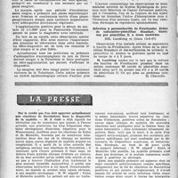 1931 - Page 1832 - Partie Scientifique. Les sociétés savantes. Société médicale des hôpitaux de Paris. Un nouveau cas de Tularémie humaine par morsure. Animal vecteur : le sanglier, (5-6-47) / Manifestation rétrograde de la Réaction de Casoni, (5-6-47) / Infection à Pneumobacille de Friedlander. Echec de sulfamides-pénicilline Standart. Guérison par pénicilline G. à doses modérées, (5-6-47) / La presse. Sur le crédit que l’on doit apporter actuellement aux réactions de floculations dans le diagnostic de la syphilis [(« Lyon-Médical », 22 juin 1947)]