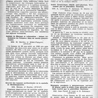 2007 - Page 1908 - Partie Scientifique. Les sociétés savantes. Société médicale des hôpitaux de Paris. Syndrome hydropigène grave apparu après une greffe sous-cutanée de désoxycorticostérone chez un albuminurique non addisonienne, (27-6-47) / Anémie de Biermer et tuberculose : lésions folliculaires de l’estomac chez, un ancien gastrectomisé, (27-6-47) / Gravité des tumeurs médiastinales de la maladie de Recklinghausen, (27-6-47) / Action de la pénicilline sur la leptospirose, (27-6-47) / Ictère hémolytique fébrile poste-abortum. Traitement par la pénicilline. Guérison, (27-6-47) / Méningite purulente à pneumocoques survenue 36 heures après le début d’une pleurésie purulente traitée par la pénicilline. Guérison, (27-6-47)
