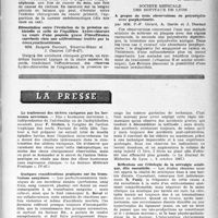 2010 - Page 1911 - Partie Scientifique. Les sociétés savantes. Société médicale des hôpitaux de Paris. Méningite purulente à pneumocoques survenue 36 heures après le début d’une pleurésie purulente traitée par la pénicilline. Guérison, (27-6-47) / Cancers secondaires des grosses bronches, (27-6-47) / Dissociation entre l'évolution de la pression artérielle et celle de l’équilibre hydro-chloruré au cours d’une poussée grave d’insuffisance surrénale chez une addisonienne traitée par la désoxycorticostérone, (27-6-47) / Société médicale des hôpitaux de Lyon. A propos de trois observations de polynévrite avec porphyrinurie / La presse. Le traitement des ulcères variqueux par les hormones nerveuses [(« La Science Médicale Pratique », IV-47)] / Quelques considérations pratiques sur les transfusions sanguines [(« Le Journal de Médecine de Lyon », 5 octobre 1947)] / Réflexions sur l’étiologie de la névralgie sciatique, dite essentielle [(« Journal de Médecine de Bordeaux », septembre 1947)]