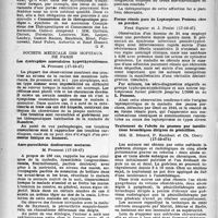 2235 - Page 2136 - Partie scientifique. Les sociétés savantes. Académie nationale de médecine, Séance du 2 décembre 1947. La liste de prescription / Société médicale des hôpitaux de Paris. Les dystrophies musculaires hyperthyroïdiennes, (17-10-47) / Acro-paresthésie douloureuse nocturne, (17-10-47) / Forme rénale pure de Leptospirose Pomona chez un porcher, (17-10-47) / Traitement de l’abcès du poumon par instillations bronchiques dirigées de pénicilline, (17-10-474)