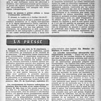 2284 - Page 2183 - Partie scientifique. Les sociétés savantes. Société médicale des hôpitaux de Paris. A propos d’un cas d’abcès du cerveau à « dialyse pneumonie », (24-10-47) / Cancer du poumon à petites cellules à forme d’adénopathie médiastine, (24-10-47) / La presse. Remarques sur une série de 78 césariennes [(Rev. Fr. de Gynécologie, septembre 47)] / Les enseignements de l’examen radiologique systématique dans les écoles, et ses causes d’erreur [(La Semaine des Hôpitaux, 21 octobre 1947)] / Les nouvelles interventions chirurgicales dans l’hypertension artérielle [(La Presse Médicale, 27 septembre 47)]