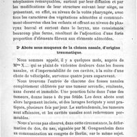 0097 - Page 89 - Travaux originaux. Faits cliniques dans le domaine de la rhinologie et de la laryngologie. Par le Dr Luc. 1° Fibro-adénome diffus des muqueuses laryngienne et pharyngienne / 2° Abcès sous-muqueux de la cloison nasale, d'origine traumatique / 3° Laryngite hémorragique
