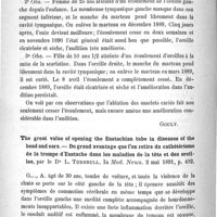 0318 - Page 310 - Analyses et comptes rendus. IV. Oreilles. The treatment of chronic purulent otitis media by excision of the carious ossicles and removal of obstructions in the Tympanic attic. (Traitement de l'otite moyenne purulente chronique par l'excision des osselets cariés et la suppression des causes d'obstruction dans la cavité de l'attique), par le Dr C. J. Colles... In The Amer. Journ. of the med. sciences... / The great value of opening the Eustachian tube in diseases of the head and ears. - Du grand avantage que l'on retire du cathétérisme de la trompe d'Eustache dans les maladies de la tête et des oreilles, par le Dr L. Turnbull. In Med. News...