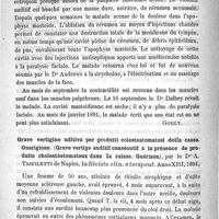0380 - Page 372 - Analyses et comptes rendus. IV. Oreilles. Impacted cerumen invading the mastoïd process and producing facial paralysis. (Accumulation de cérumen ayant envahi l'apophyse mastoïde et produit de la paralysie faciale), par le Dr J. W. Dalbey. In The New York med. Jour... / Grave vertigine uditiva per prodotti colesteatomatosi della cassa. Guarigione. (Grave vertige auditif consécutif à la présence de produits cholestéatomateux dans la caisse. Guérison), par le Dr A. Trifiletti... In Rivista clin. e terapeut...