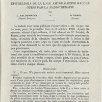 0079 - Page 77 - Faits cliniques. Épithélioma de la loge amygdalienne gauche guéri par la radiothérapie. Par L. Baldenweck... et G. Parel...